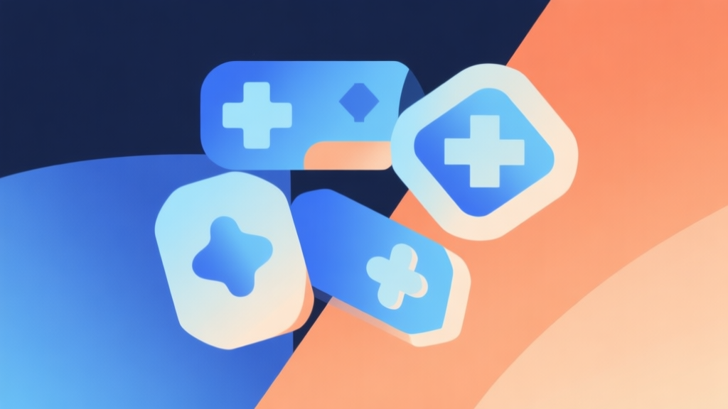 Abstract geometric composition with overlapping shapes representing game items, soft blue and orange gradient, modern minimal style, digital game concept illustration high quality illustration, detailed, 16:9