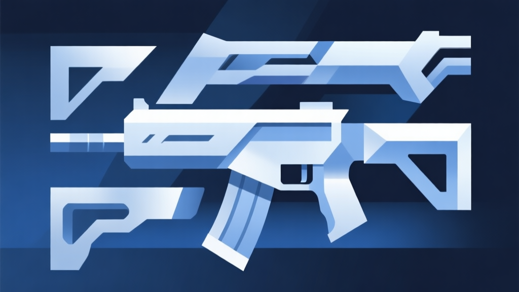 Abstract geometric composition with overlapping shapes representing weapon parts, soft metallic and blue color scheme, modern minimal style, professional gaming concept illustration high quality illustration, detailed, 16:9