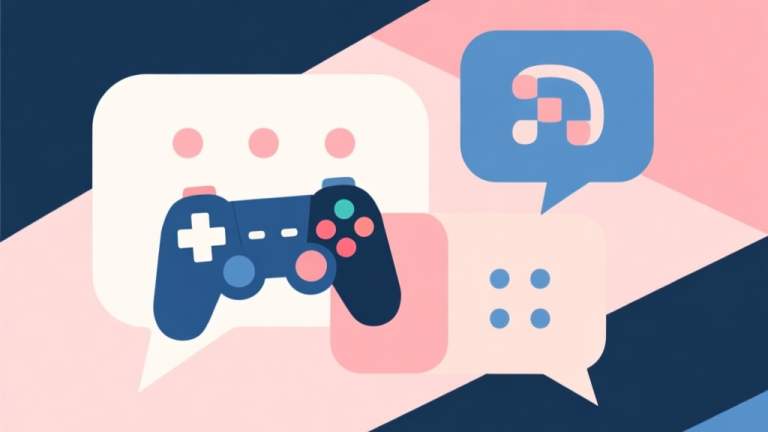 自动生成图片: Abstract geometric composition with overlapping speech bubbles and game controller icons, soft pastel colors, modern minimal style, illustrating multiple meanings and communication in gaming high quality illustration, detailed, 16:9