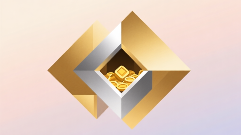 自动生成图片: Abstract geometric composition with overlapping shapes in gold and silver, soft pastel background, modern minimal style, representing hidden treasure and challenge in video games high quality illustration, detailed, 16:9