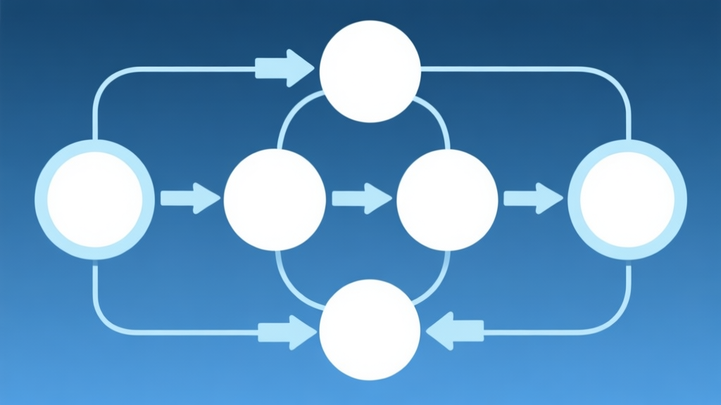 Simple flowchart illustration with connected circles and arrows, light blue and white color scheme, clean minimal design, business presentation style high quality illustration, detailed, 16:9