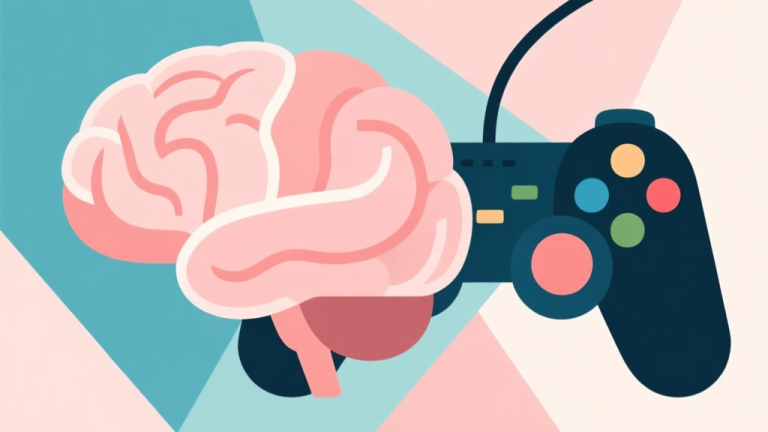 自动生成图片: Abstract geometric composition with overlapping shapes representing a brain and a game controller, soft pastel colors, modern minimal style, professional psychology concept illustration high quality illustration, detailed, 16:9