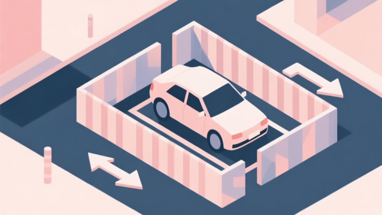 自动生成图片: Abstract geometric composition showing a car surrounded by tight barriers and arrows, representing a difficult parking puzzle, soft pastel colors, modern minimal style, professional concept illustration high quality illustration, detailed, 16:9