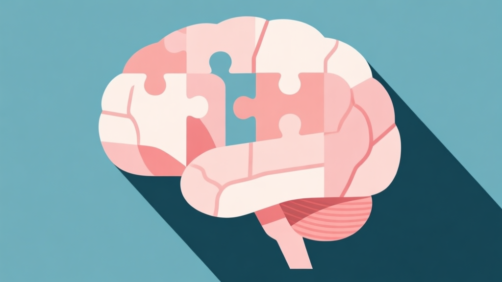 Abstract geometric composition with overlapping shapes representing puzzle pieces and a brain, soft pastel colors, modern minimal style, professional psychology concept illustration high quality illustration, detailed, 16:9