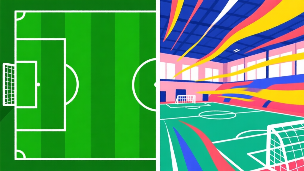 Dynamic split-screen illustration showing a traditional green soccer field on one side and a fast-paced, vibrant indoor soccer court on the other, with abstract motion lines emphasizing speed and intensity, minimalist style with bold colors high quality illustration, detailed, 16:9