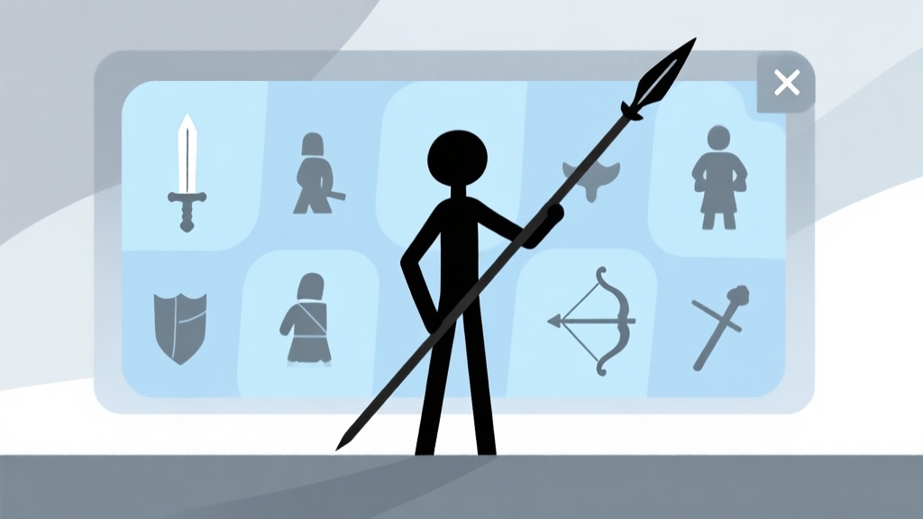 A minimalist illustration of a stick figure holding a long spear, standing in front of a strategic game interface with icons of other units (sword, bow, staff). Soft blue and grey color scheme, clean lines, abstract background. high quality illustration, detailed, 16:9