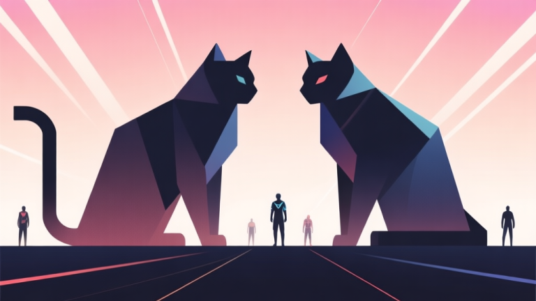 自动生成图片: Abstract geometric composition with two dominant feline-like shapes overpowering smaller figures, soft gradient background, dynamic lines showing dominance, minimalist esports concept illustration high quality illustration, detailed, 16:9