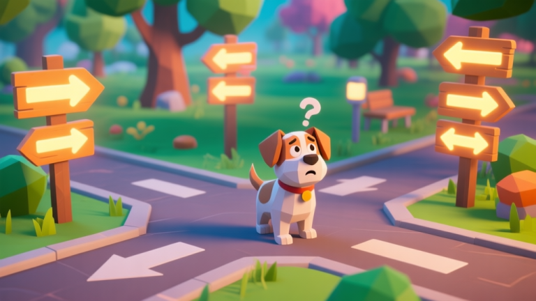 自动生成图片: A playful, low-poly 3D dog character standing at a crossroads in a vibrant virtual park, looking confused at multiple glowing path signs, cartoonish and friendly game art style high quality illustration, detailed, 16:9