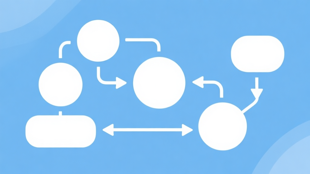 Simple flowchart illustration with connected circles and arrows, light blue and white color scheme, clean minimal design, business presentation style high quality illustration, detailed, 16:9