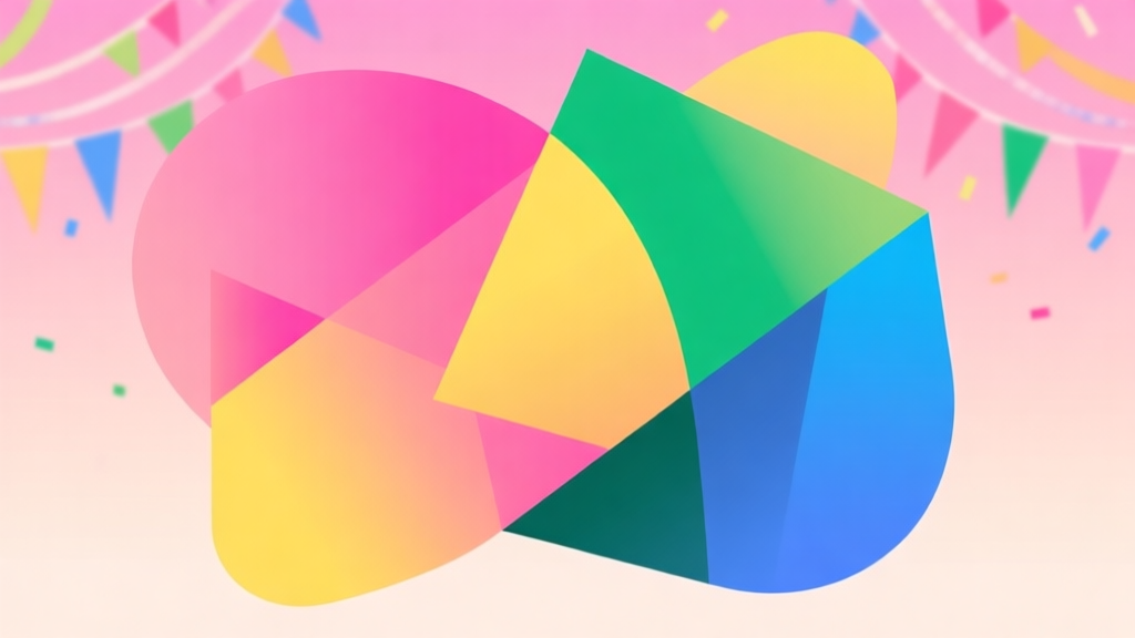 Abstract geometric composition with overlapping shapes in vibrant festival colors (pink, yellow, green, blue), soft gradient background, clean minimal style, digital celebration concept high quality illustration, detailed, 16:9