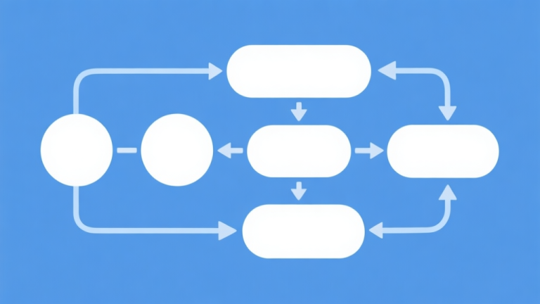自动生成图片: Simple flowchart illustration with connected circles and arrows, light blue and white color scheme, clean minimal design, business presentation style high quality illustration, detailed, 16:9