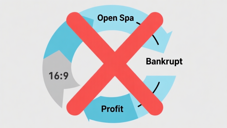 自动生成图片: Simple flowchart illustration showing a downward spiral from "Open Spa" to "Profit" to "Bankrupt", with a red "X" over the cycle, light blue and grey color scheme, clean minimal design high quality illustration, detailed, 16:9