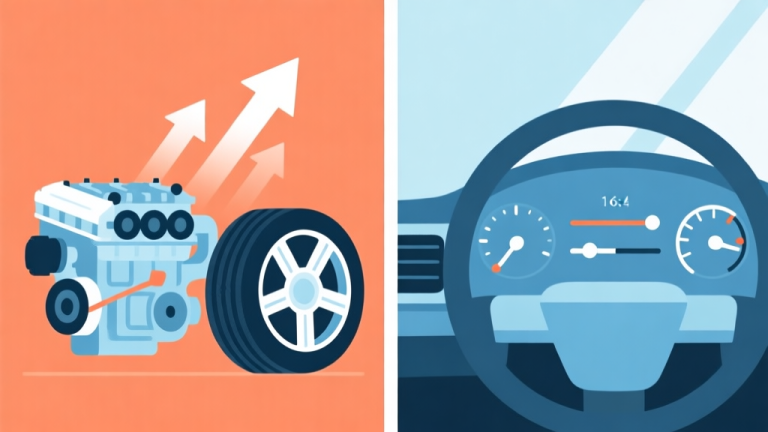 自动生成图片: Abstract side-by-side comparison illustration: left side shows car parts (engine, tires) being upgraded with upward arrows, right side shows sliders and dials being adjusted on a dashboard, clean geometric design, soft blue and orange contrast, minimalist style high quality illustration, detailed, 16:9