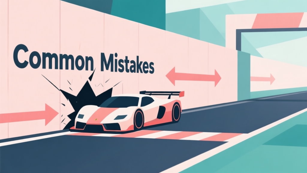 Abstract geometric composition showing a race car hitting a wall labeled "Common Mistakes", with smooth detour arrows leading to a finish line, soft pastel colors, modern minimal style, professional game strategy concept illustration high quality illustration, detailed, 16:9