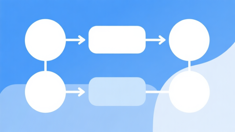 自动生成图片: Simple flowchart illustration with connected circles and arrows, light blue and white color scheme, clean minimal design, business presentation style high quality illustration, detailed, 16:9