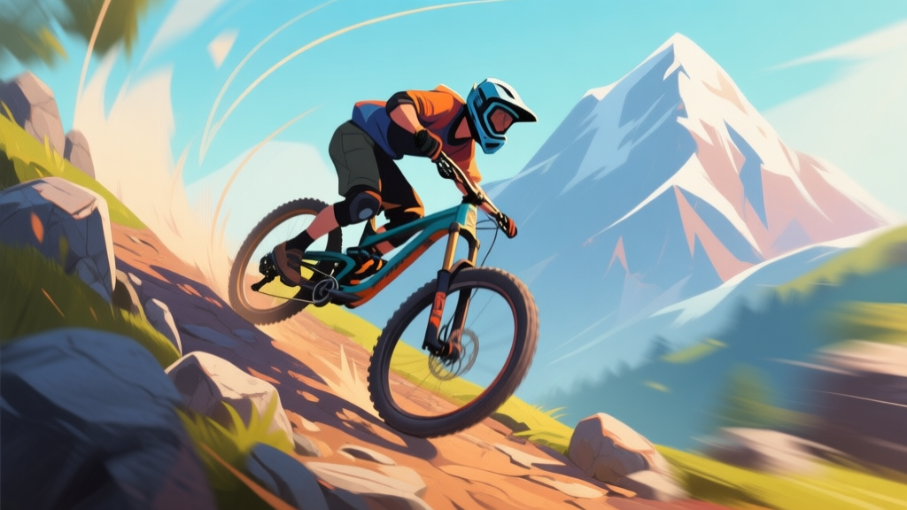 A dynamic, stylized side-view illustration of a mountain biker leaning into a sharp corner on a rocky path, with motion blur lines emphasizing speed and angle, vibrant game art style, clear focus on rider posture high quality illustration, detailed, 16:9