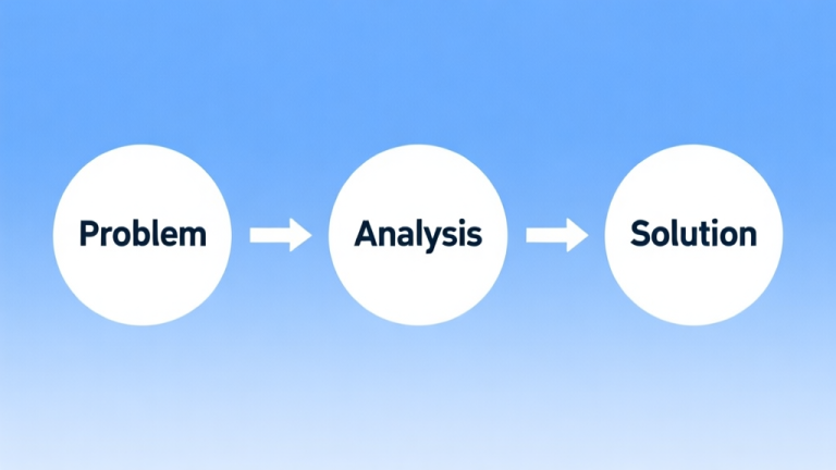 自动生成图片: Simple flowchart illustration with connected circles labeled "Problem", "Analysis", "Solution", connected by arrows, light blue and white color scheme, clean minimal design, business presentation style high quality illustration, detailed, 16:9