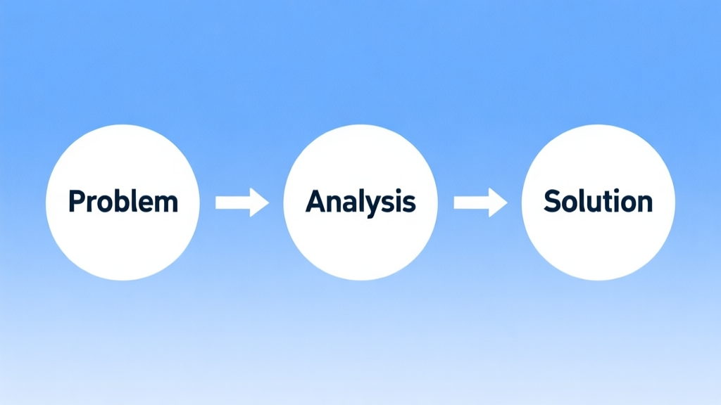 Simple flowchart illustration with connected circles labeled "Problem", "Analysis", "Solution", connected by arrows, light blue and white color scheme, clean minimal design, business presentation style high quality illustration, detailed, 16:9