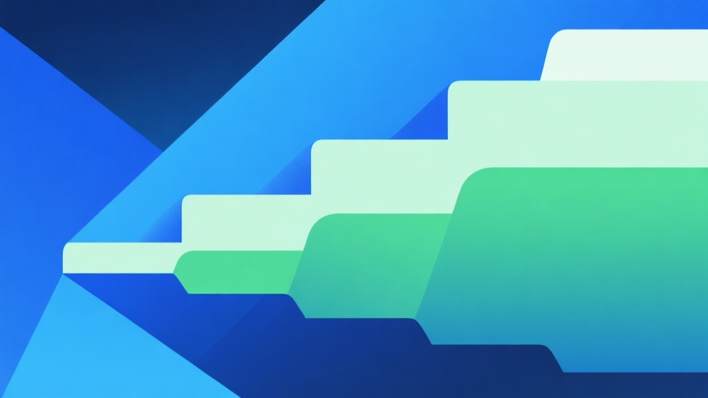 Abstract geometric composition with overlapping shapes in gradient blue and green, clean minimal style, representing progression from basic to advanced levels, professional concept illustration high quality illustration, detailed, 16:9