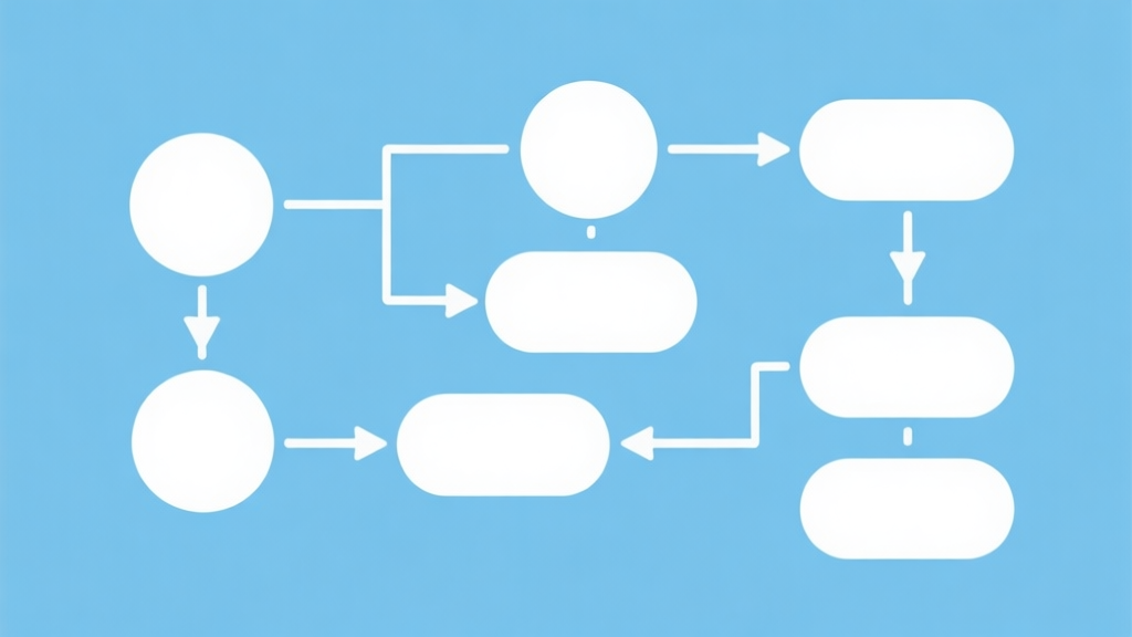 Simple flowchart illustration with connected circles and arrows, light blue and white color scheme, clean minimal design, business presentation style high quality illustration, detailed, 16:9