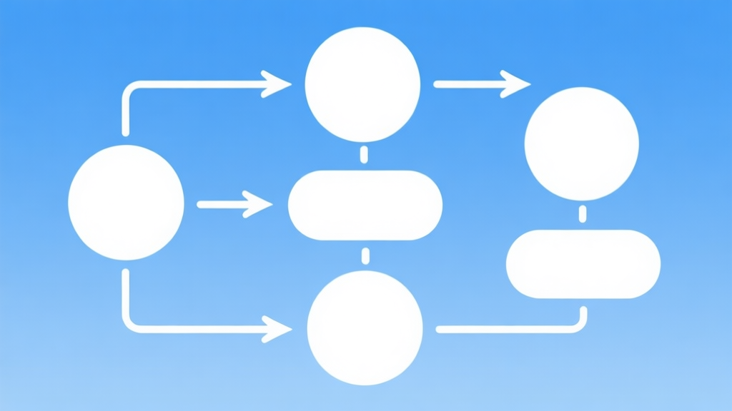 Simple flowchart illustration with connected circles and arrows, light blue and white color scheme, clean minimal design, business presentation style high quality illustration, detailed, 16:9