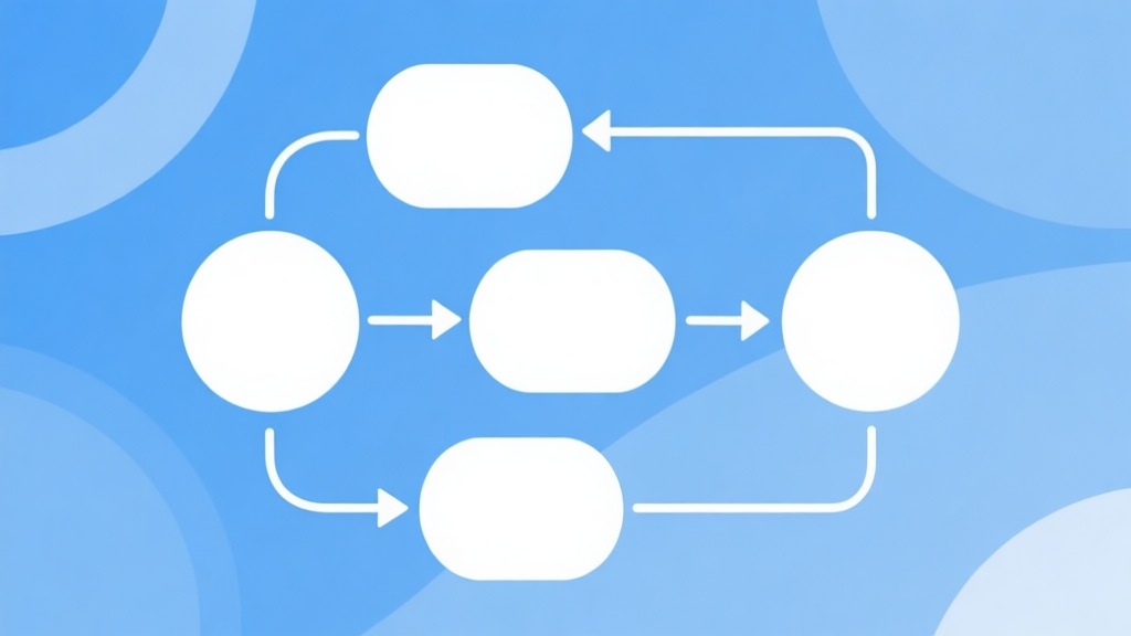 Simple flowchart illustration with connected circles and arrows, light blue and white color scheme, clean minimal design, business presentation style high quality illustration, detailed, 16:9