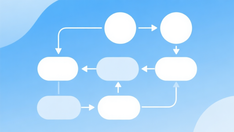 自动生成图片: Simple flowchart illustration with connected circles and arrows, light blue and white color scheme, clean minimal design, business presentation style high quality illustration, detailed, 16:9
