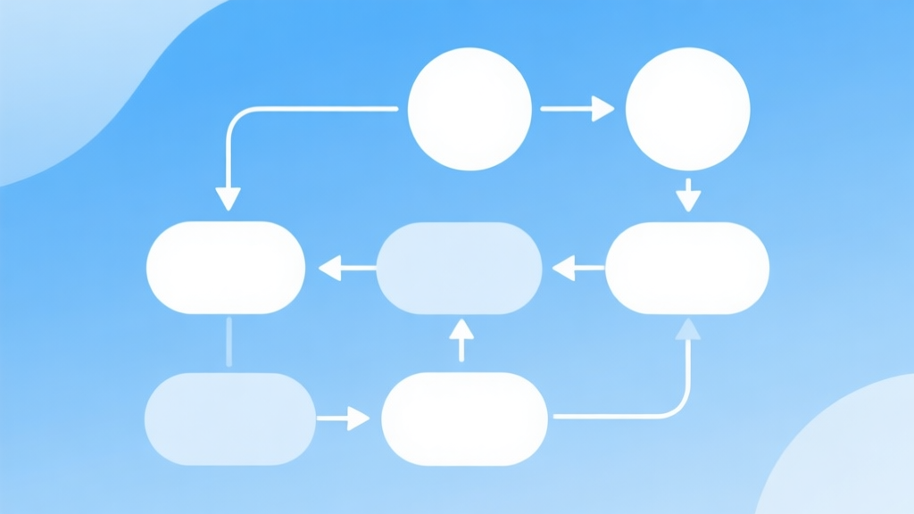 Simple flowchart illustration with connected circles and arrows, light blue and white color scheme, clean minimal design, business presentation style high quality illustration, detailed, 16:9