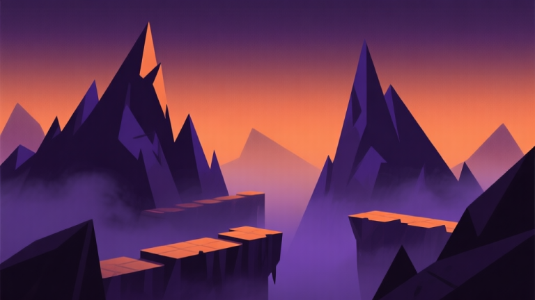 自动生成图片: Abstract geometric composition with jagged mountain peaks and dark mist, deep purple and orange gradient, eerie atmosphere, clean minimal game level design illustration high quality illustration, detailed, 16:9