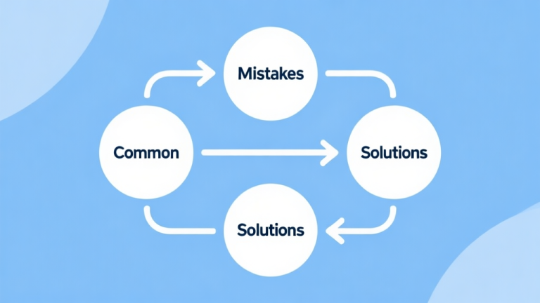 自动生成图片: Simple flowchart illustration with connected circles and arrows representing common mistakes and solutions, light blue and white color scheme, clean minimal design, business presentation style high quality illustration, detailed, 16:9