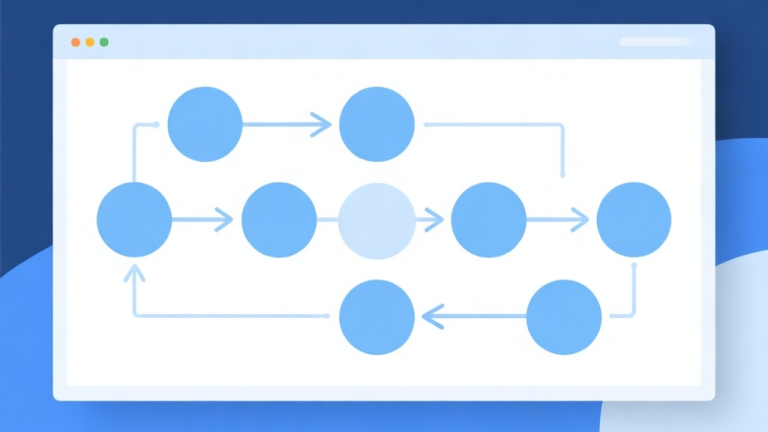 自动生成图片: Simple flowchart illustration with connected circles and arrows, light blue and white color scheme, clean minimal design, business presentation style high quality illustration, detailed, 16:9