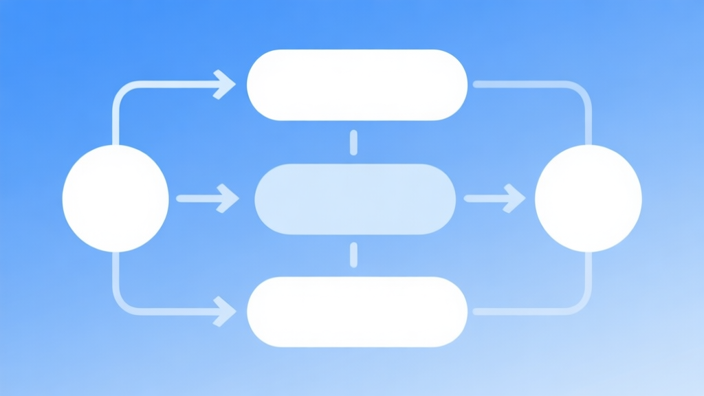 Simple flowchart illustration with connected circles and arrows, light blue and white color scheme, clean minimal design, business presentation style high quality illustration, detailed, 16:9