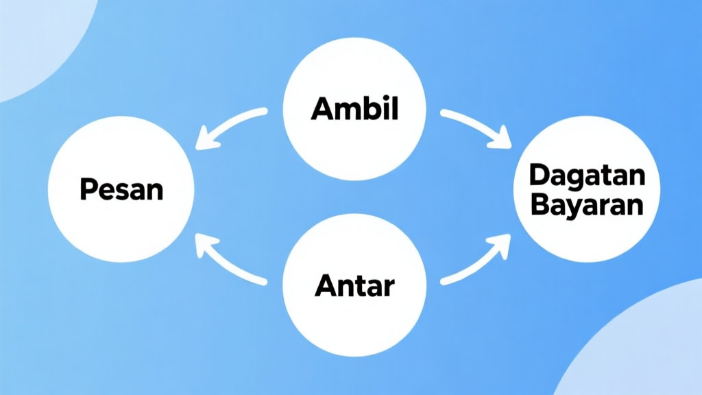Simple flowchart illustration with connected circles and arrows labeled "Pesan", "Ambil", "Antar", "Dapatkan Bayaran", light blue and white color scheme, clean minimal design, business presentation style high quality illustration, detailed, 16:9