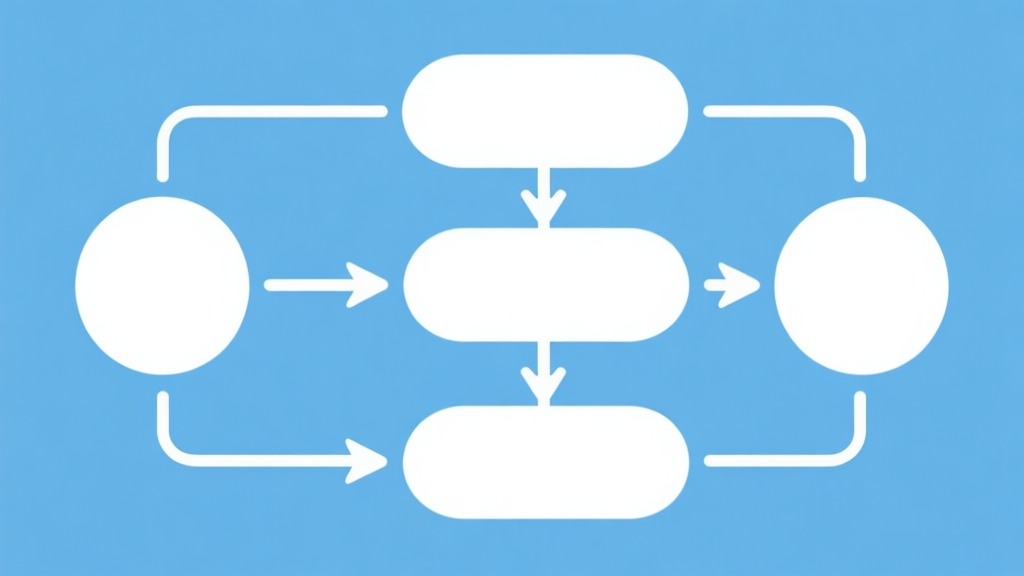 Simple flowchart illustration with connected circles and arrows, light blue and white color scheme, clean minimal design, business presentation style high quality illustration, detailed, 16:9