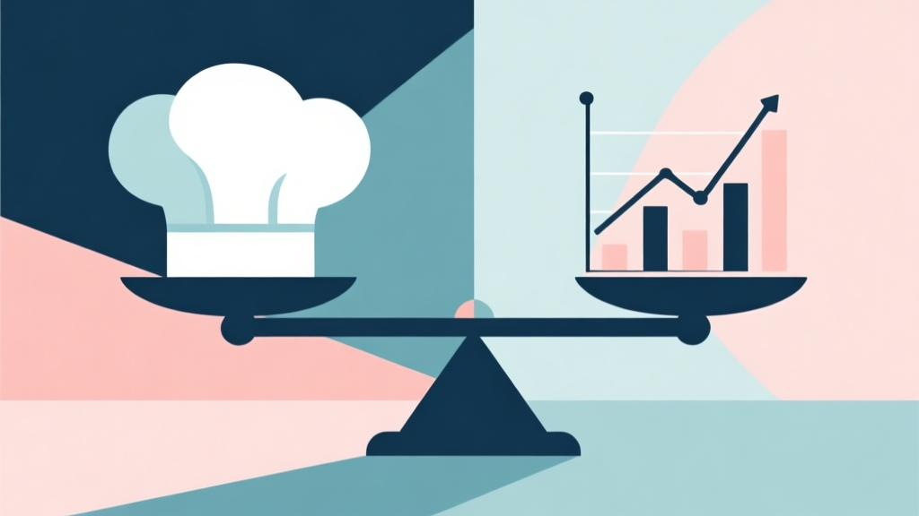 Abstract geometric composition showing a balance scale with a chef hat on one side and a graph chart on the other, soft pastel colors, modern minimal style, professional business concept illustration high quality illustration, detailed, 16:9
