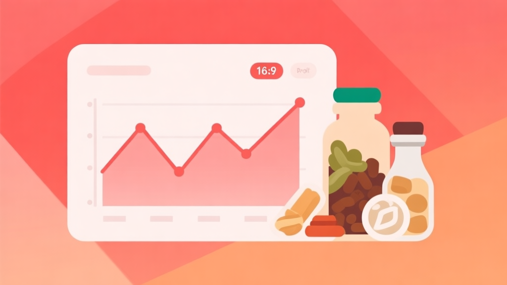 Minimalist business dashboard showing a downward trending profit graph next to overflowing ingredient icons, soft red and orange gradient background, clean geometric shapes, flat design style high quality illustration, detailed, 16:9