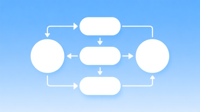 自动生成图片: Simple flowchart illustration with connected circles and arrows, light blue and white color scheme, clean minimal design, business presentation style high quality illustration, detailed, 16:9