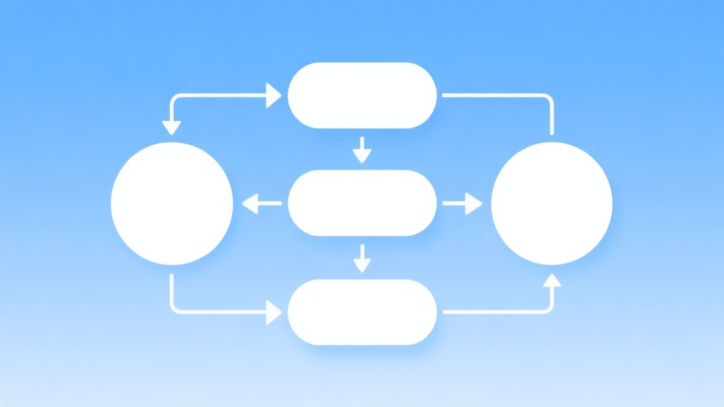 Simple flowchart illustration with connected circles and arrows, light blue and white color scheme, clean minimal design, business presentation style high quality illustration, detailed, 16:9