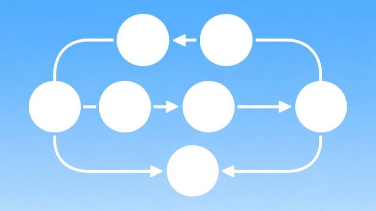 自动生成图片: Simple flowchart illustration with connected circles and arrows, light blue and white color scheme, clean minimal design, business presentation style high quality illustration, detailed, 16:9