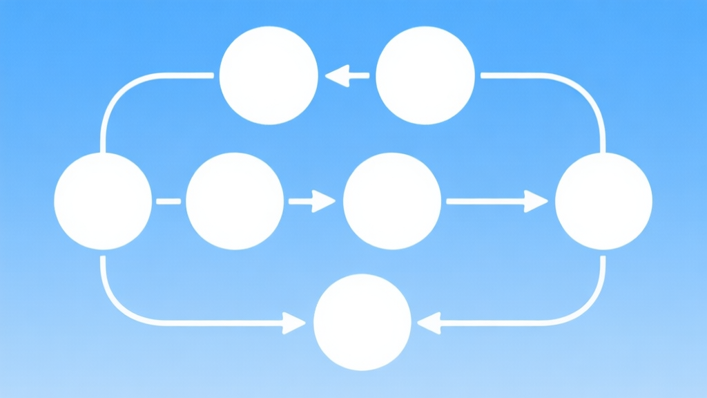 Simple flowchart illustration with connected circles and arrows, light blue and white color scheme, clean minimal design, business presentation style high quality illustration, detailed, 16:9