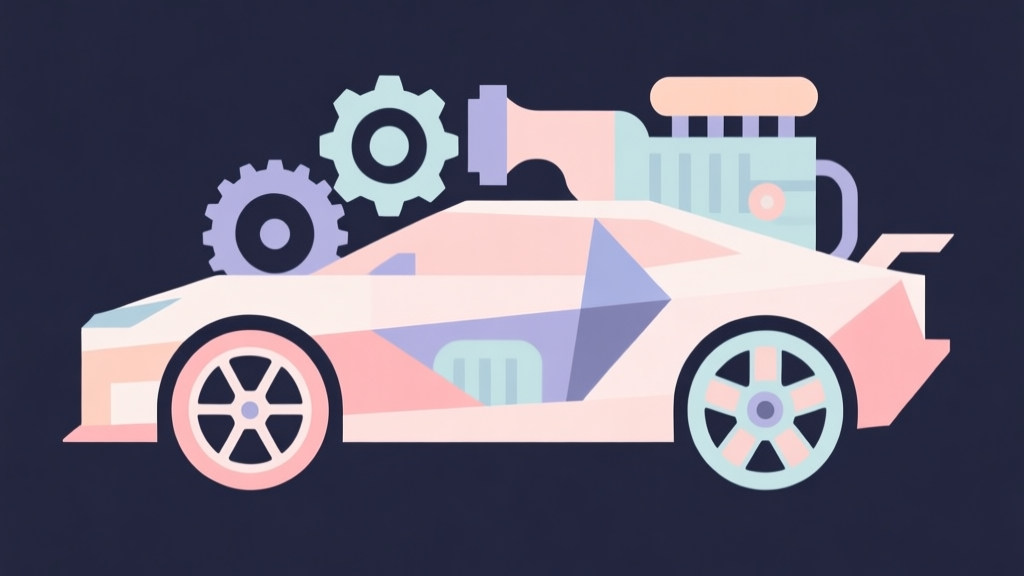 Abstract geometric composition with overlapping shapes representing car parts like gears, wheels, and engine, soft pastel colors, modern minimal style, professional gaming concept illustration high quality illustration, detailed, 16:9