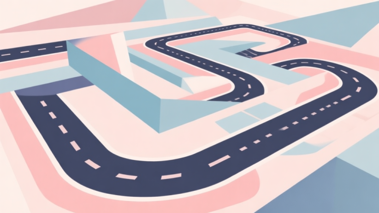 自动生成图片: Abstract geometric composition with overlapping shapes representing a complex racetrack, soft pastel colors, modern minimal style, professional game analysis concept illustration high quality illustration, detailed, 16:9