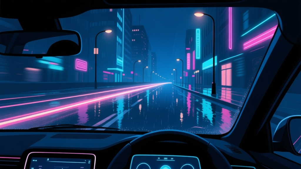A first-person view from inside a car at night, driving on a wet city road. Neon lights from buildings and street lamps reflect on the slick asphalt, creating long light trails. The dashboard glow is visible, minimalist and futuristic. Moody, cinematic atmosphere, dark blue and neon color palette, sense of speed and solitude. high quality illustration, detailed, 16:9