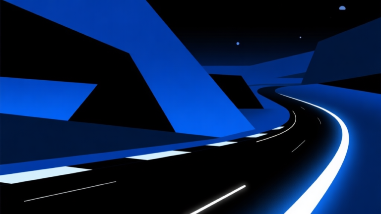 自动生成图片: Abstract geometric composition with overlapping shapes in dark blue and black, representing a night racing track with minimal light trails, soft highlights, modern minimal style, professional gaming concept illustration high quality illustration, detailed, 16:9