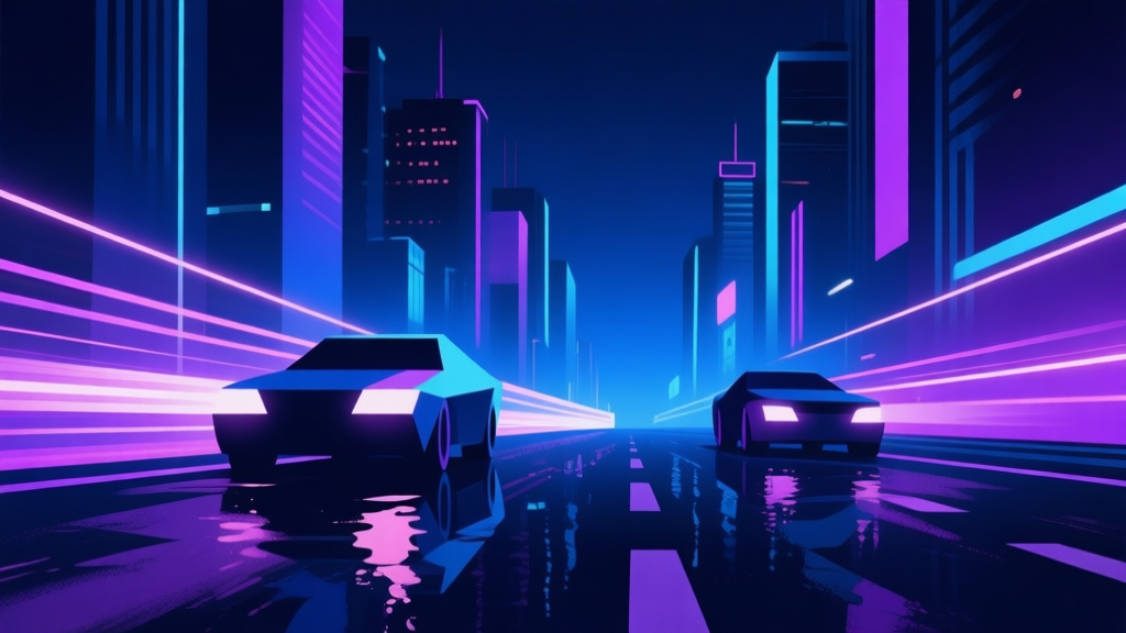 Dynamic night cityscape with neon lights reflecting on wet asphalt, minimalist geometric shapes representing cars as streaks of light, dark blue and purple gradient, abstract urban racing concept high quality illustration, detailed, 16:9