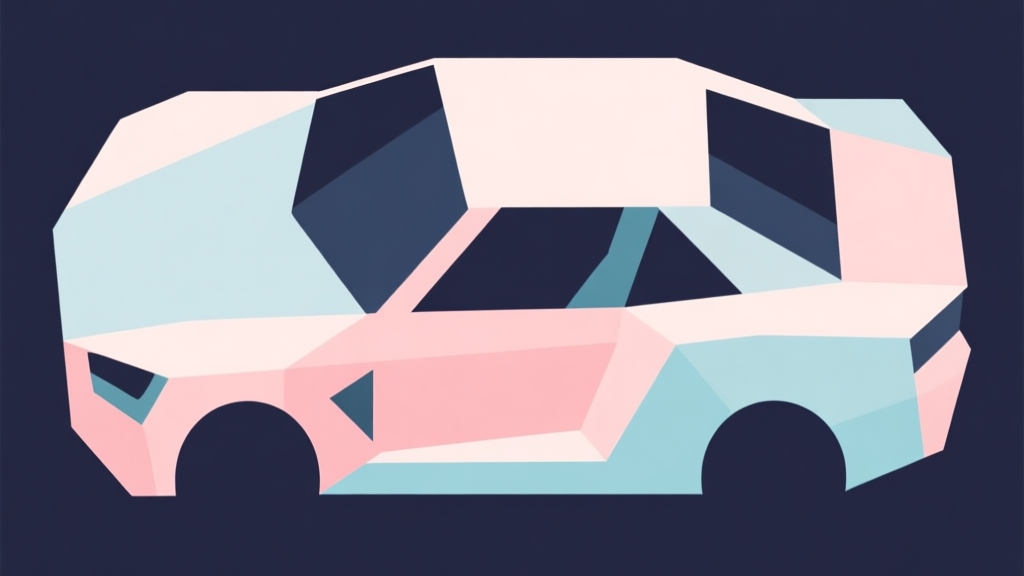 Abstract geometric composition with overlapping shapes representing car parts, soft pastel colors, modern minimal style, professional gaming concept illustration high quality illustration, detailed, 16:9