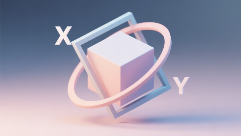 自动生成图片: Abstract geometric composition with overlapping 3D axes (X, Y, Z), a cube rotating around the Z-axis, soft pastel colors, modern minimal style, professional game development concept illustration high quality illustration, detailed, 16:9