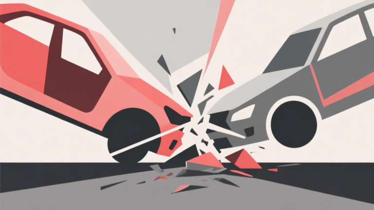 自动生成图片: Abstract geometric composition with overlapping shapes representing car parts colliding, soft red and gray color scheme, modern minimal style, professional concept illustration of conflict high quality illustration, detailed, 16:9