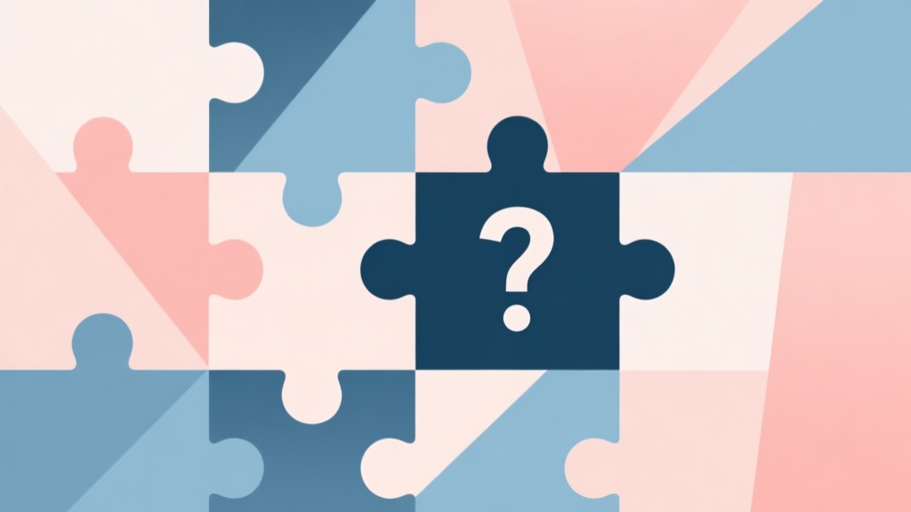 Abstract geometric composition with overlapping shapes, soft pastel colors, modern minimal style, professional business concept illustration of a puzzle and a question mark high quality illustration, detailed, 16:9