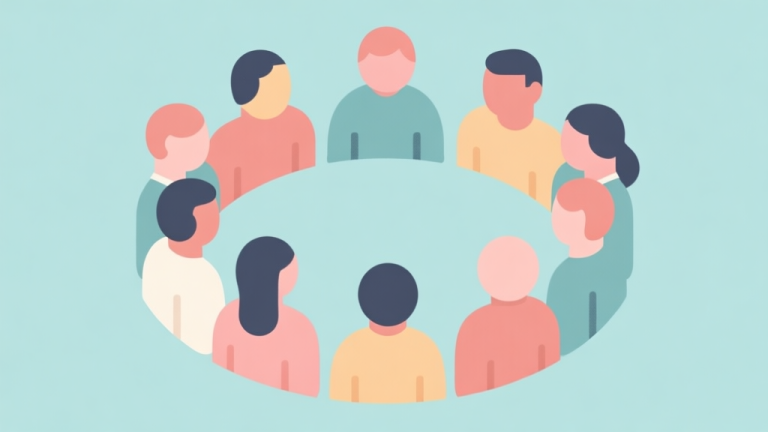 自动生成图片: Simple human figures in circular arrangement, soft colors, flat design icons, teamwork concept illustration, minimalist style high quality illustration, detailed, 16:9